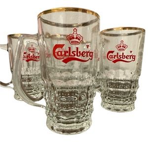 VTG 1960's Ravenhead Carlsberg Beer Crown Logo Glass Gold Rim Set of 8/England